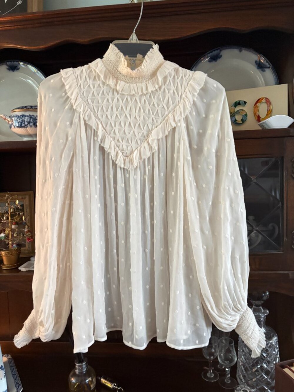 Zimmermann Ivory Swiss Dot Ruffle High Neck Victorian Boho Blouse Size 00